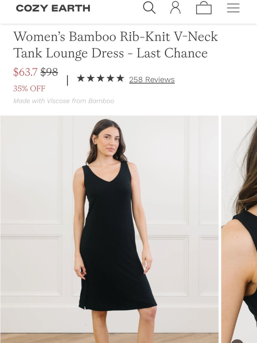 Cozy Earth Black Bamboo Rib-Knit V-Neck Midi Dress